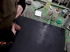 hey i'm masturbating my big cock on the workbench at work right now