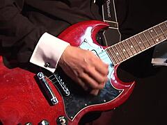 Guitarist bangs cute blonde and wets her body down