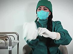 Nurse uses latex gloves on patient in hospital fetish.