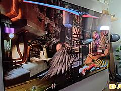 hot girl stops video game to sit on big cock without condom, interracial amateurs