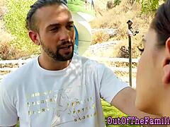 Teen stepsis receives facial outdoors in reality setting