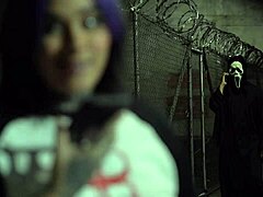Goth Latina caught on street by Ghost Face for rough Halloween sex.
