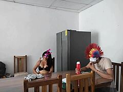 Can You Believe This Housemaid Touches Her Tits Sensually And Flirts With Dildo While Feeding Blind Man?