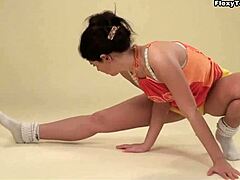 Watch big saggy tits on flexible brunette teen 18+ Polina Barna in skinny yoga sofa action!