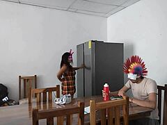 Can You Believe This Housemaid Touches Her Tits Sensually And Flirts With Dildo While Feeding Blind Man?