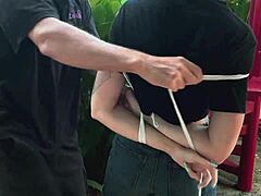 Intriguing blonde teen 18+ beauty from park ends up bound and moaning outdoors