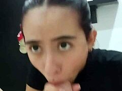 Hot guy invites stepsister inside for passionate big tits latina oral sex with big cock cum in mouth.