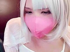 masked beauty shemale masturbates on camera