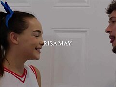 cute cheerleader risa may gags on cock, then rides cowgirl style in glamour muff diving session