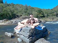 Hot couple's daring beach and bus sex adventure ends with a massive double cumshot.