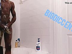 Stroking hard dick in steamy shower homemade.