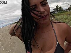 Naughty nicoly seduces firefighter on beach. Then rides his cock in the woods.