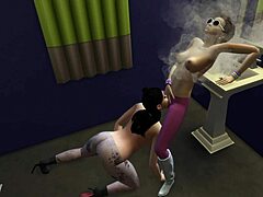 Hey, in Sims 4, she's licking fresh pussy in a public toilet outdoors.