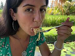 Public Cumwalk in Cafe, Eating Pasta Carbonara with Sperm Covering Face. Strutting Boldly Through Crowds with a Sticky Facial.
