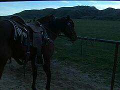 Still got my riding chaps on, Brooke Ballentyne says as she takes deepthroat doggystyle assfucking and creampie facial from big cock.