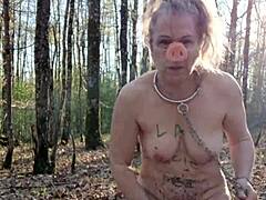 Bound milf slut bends over for outdoor orgasm. European exhibitionist licks in homemade session.
