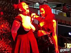 spanish girl gets waxed on stage. public crowd watches her bold erotic moment.