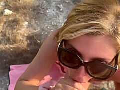 Blowjob in the mountains with blonde teen slut gagging