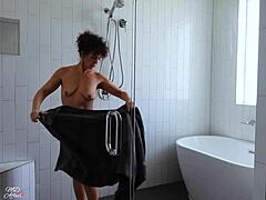 Shower Strap-On Play with Cute Brunette and Mature Milf in Fetish Roleplay Scene.