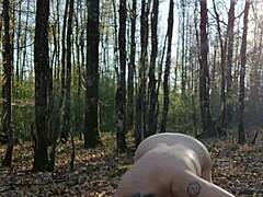 Bound milf slut bends over for outdoor orgasm. European exhibitionist licks in homemade session.
