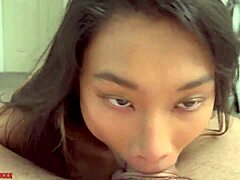Petite asian model xoey li deepthroats cock and gets cum facial