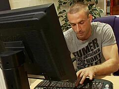 Bookworm librarian milfs with big boobs in stockings initiate ffm threesome, starting with blowjob and handjob before doggystyle group fucking