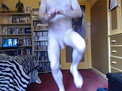 Chubby guy with small uncut cock working out naked