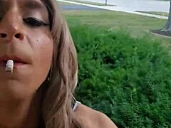 Sissy slut crossdresses intensely outside house at 6am after all-nighter smoking cigarette