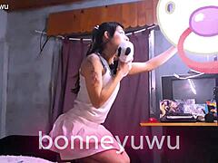 cute girl plays with dildo on video call