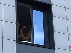 fucking that skinny brunette babe with small tits in front of neighbors