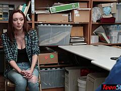 Redhead teen thief punished with blowjob and fucking her big natural tits.