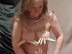 Slave tries vibrators in humiliating self-bondage session