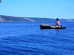 Mature woman in bikini on Volga River boat