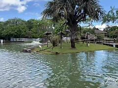 Tour guide and traveler find private spot in park