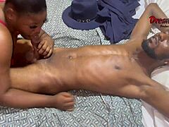 Whore in dress gives blowjob then rides big cock in bedroom