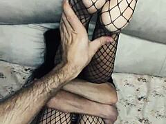 MILF Wife in Stockings and Lingerie Fucks Husband's Friend with Monster Cock