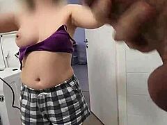 Stepsister watches stepbrother jerk off on her big tits in shower