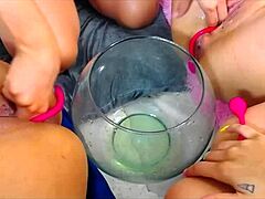 Lucy eats four fluid-covered pussies and squirts orgasmically