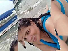 This chubby Latina has the biggest ass on the beach, so sexy