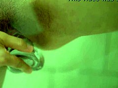 Natural busty redhead feels deep emotions during solo masturbation with clear dildo close up