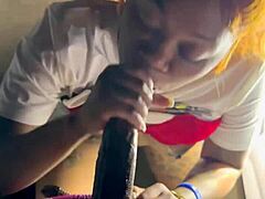 ebony babe gives sloppy blowjob in beale street garage