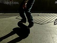 Young girl bent over hard in public quarantine