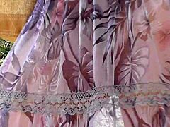 Hairy mature flashing in transparent dress 😏