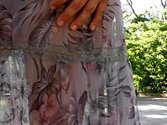 Hairy mature flashing in transparent dress 😏