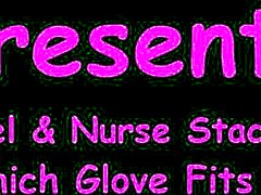 Tanned nurse with short hair tries latex gloves backstage at hospital