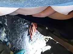 village girl masturbates hairy pussy to orgasm during lunch break!