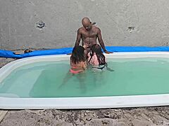 Interracial creampie in pool with tattooed amateurs