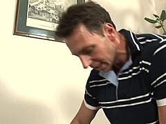 Boyfriend's stepfather takes my ass virginity in dirty talk quickie with blonde slut.