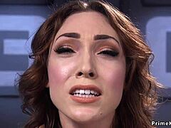 Natural brunette fucks sybian machine to squirting orgasm