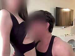 oriental teen couple fucks and cums on boobs